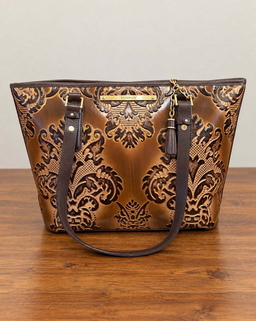 Brahmin Asher Fresco Damask Embossed Leather Tote Bag Brown Gold